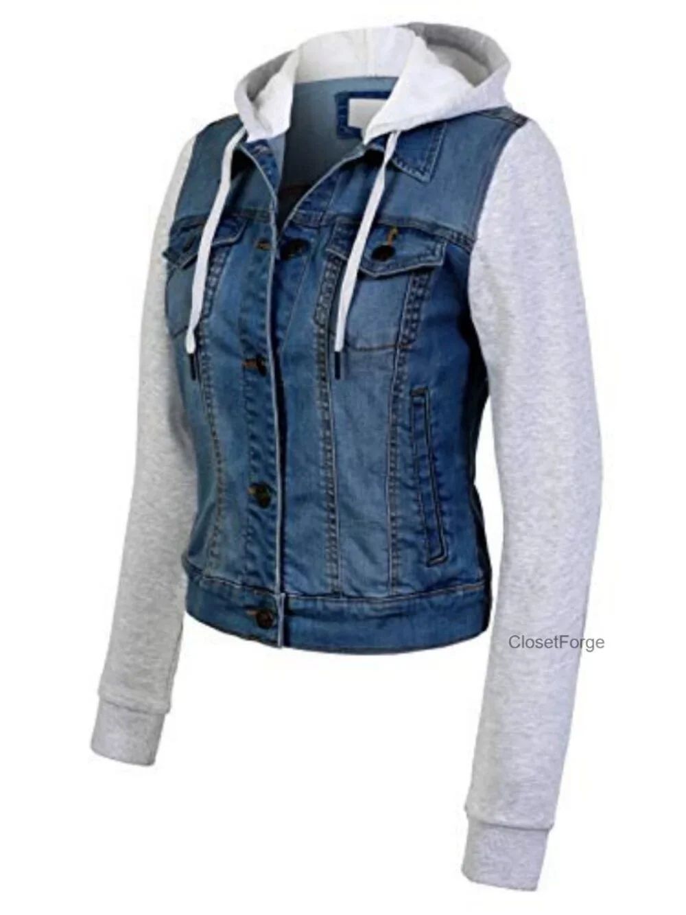 Classic Hooded Denim Jacket with Button Closure & Chest Pockets